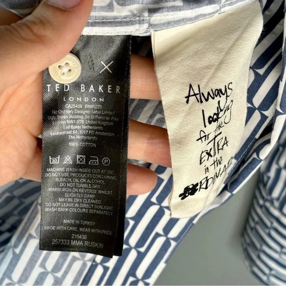 Ted Baker sz 4 (Large) Ruskin Retro Geo Print Cotton Button Down Blue & White - Picture 6 of 6